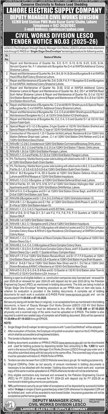 Lahore Electric Supply Company Tender Notice